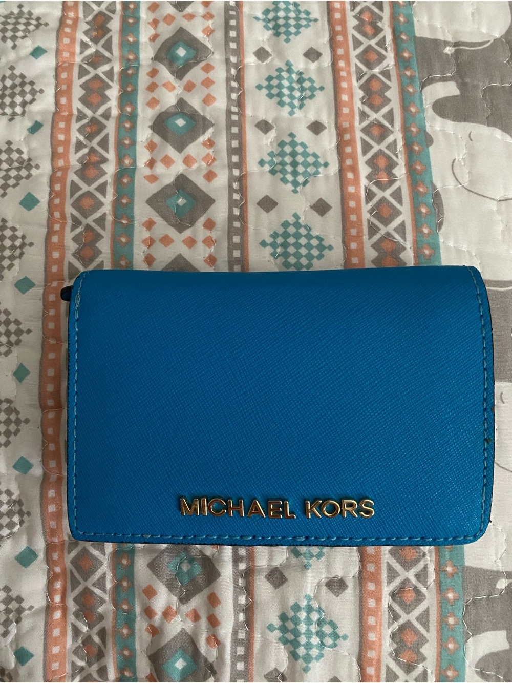 Michael Kors Electric Blue Saffiano Leather Bifold Wallet with Gold Logo